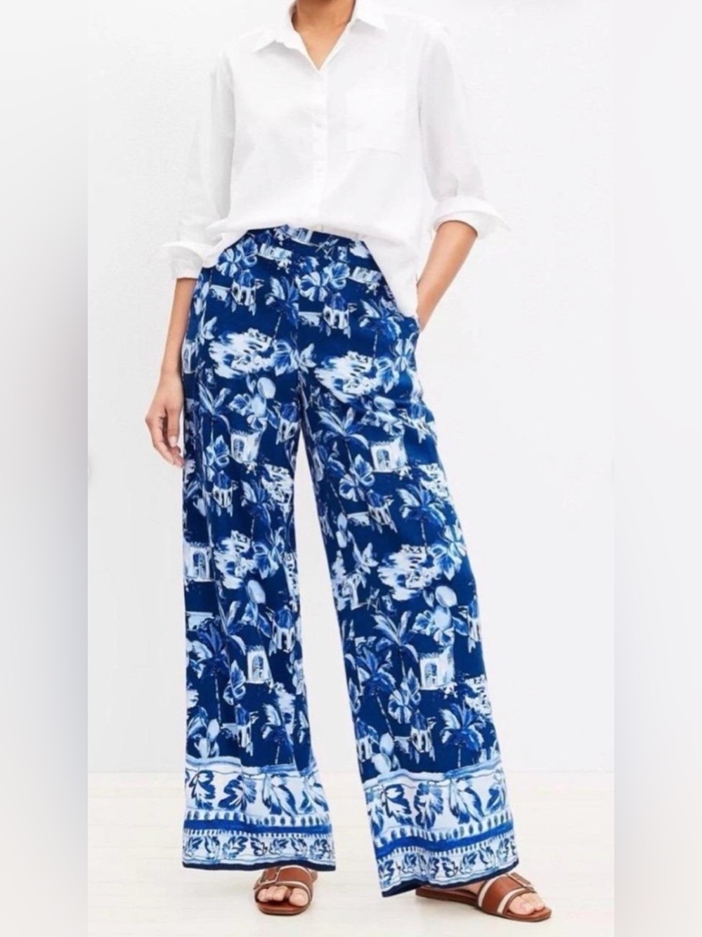 Loft Palazzo Pants S Blue White Tropical Linen Blend Summer Breezy Quiet Luxury